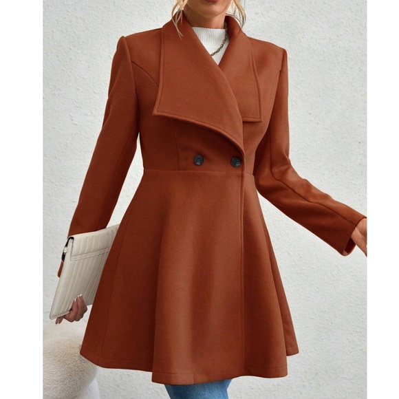 Classic Wide Collar Flare Hem Button Oversized Pea Coat - Picture 12 of 13
